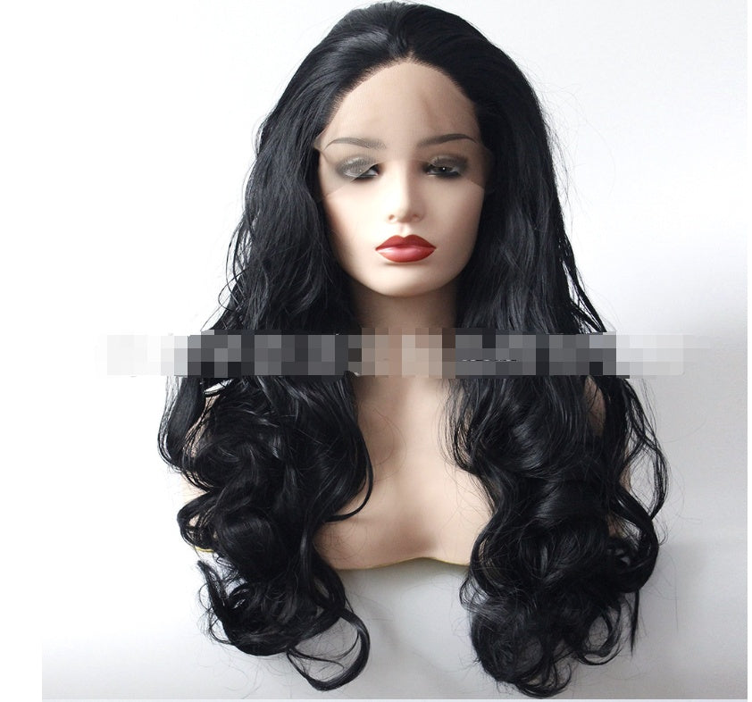 European and American fashion black big wave wig high-grade chemical fiber front lace head cover European and American fashion black big wave wig high-grade chemical fiber front lace head cover
